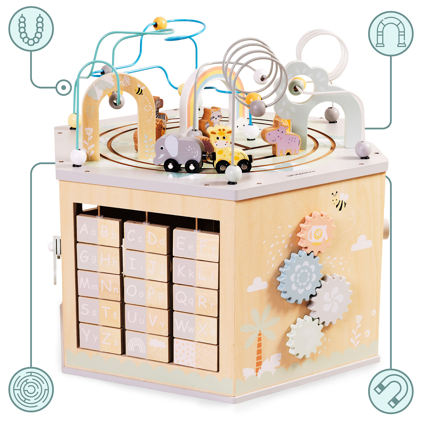 Grand cube éducatif en bois - un jouet Montessori avec un train magnétique et des boucles motrices