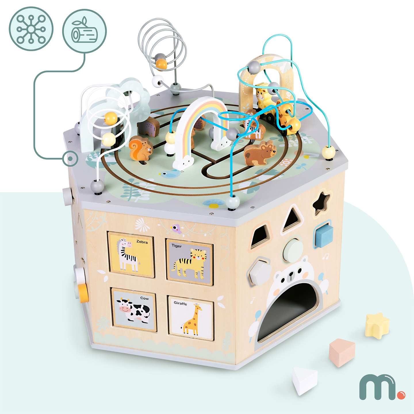 Grand cube éducatif en bois - un jouet Montessori avec un train magnétique et des boucles motrices