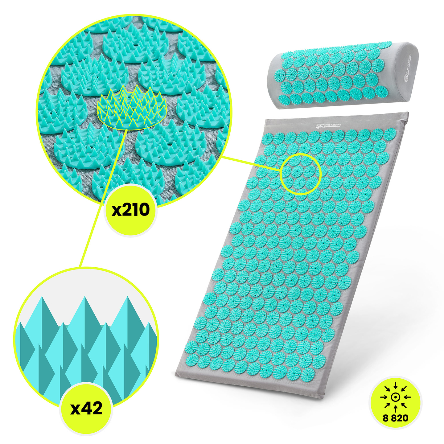 Tapis d'acupression avec coussin et housse - 72 cm HyperMotion gris-menthe
