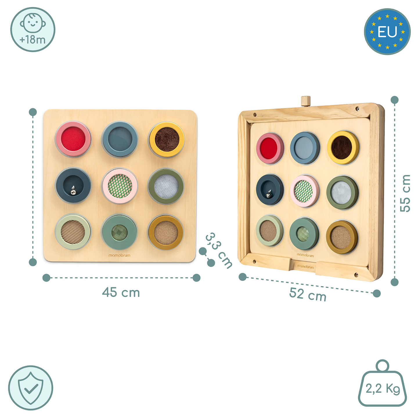 Tableau sensoriel Montessori en bois – 9 textures à découvrir et à développer le sens du toucher