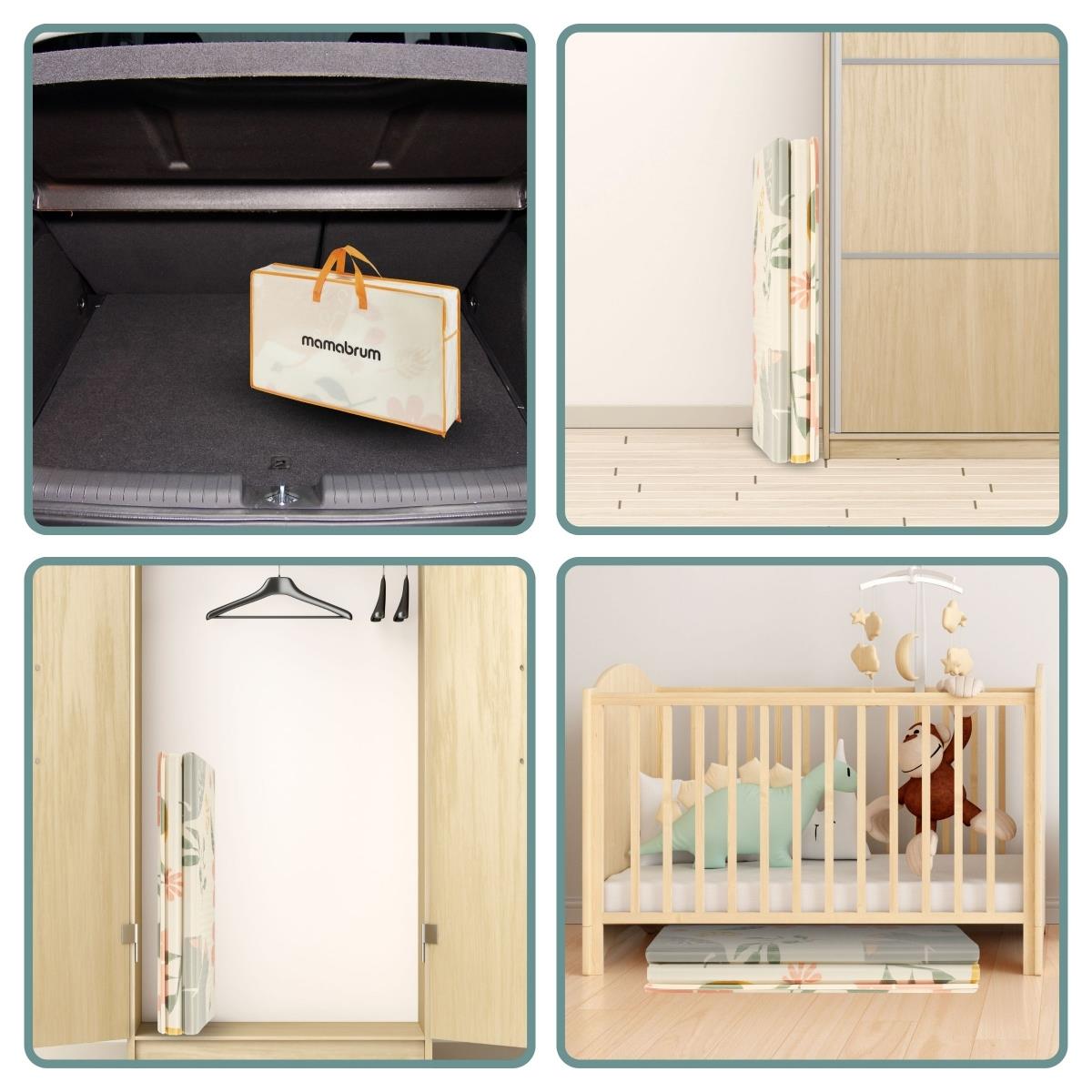 Tapis pliant double face en mousse 180 x 120 x 1cm - Eléphants exotiques/Gris délicat