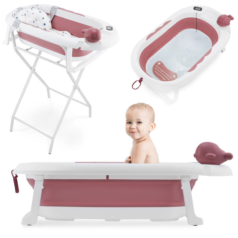 Baignoire pliante pour bébé avec thermomètre, insert et support - couleur rose sale