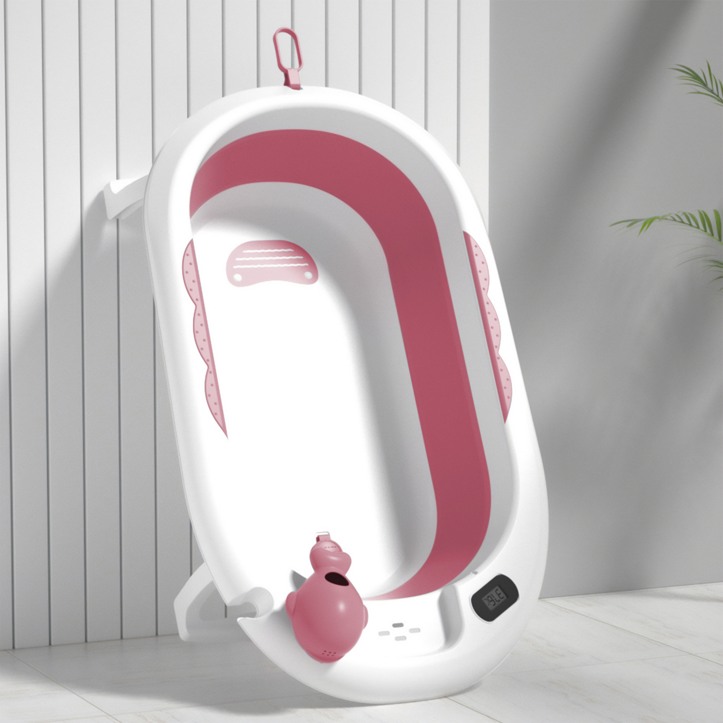 Baignoire pliante pour bébé avec thermomètre, insert et support - couleur rose sale