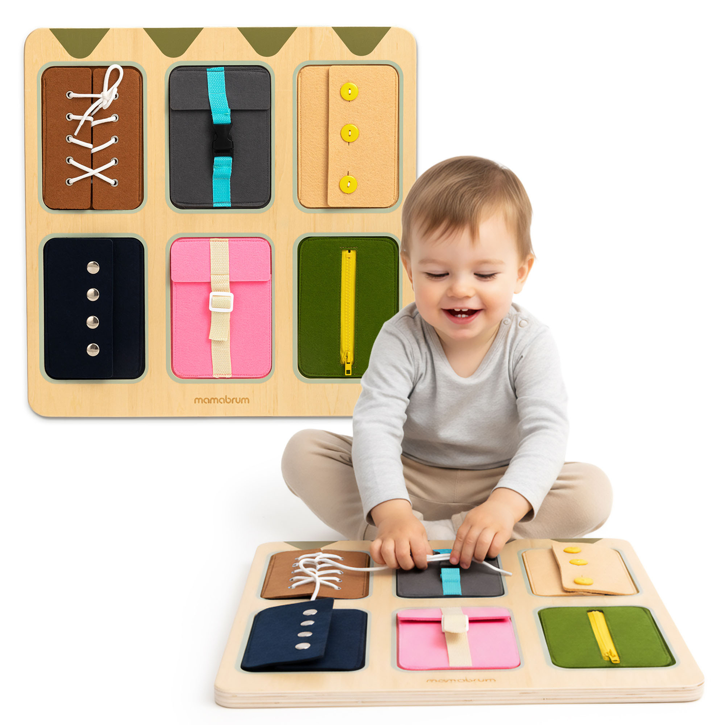 Tableau de manipulation Montessori en bois – Apprentissage sensoriel de l'autonomie – lacets, boucles, boutons, pressions, fermeture éclair