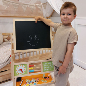 Grand tableau éducatif double face : magnétique et tableau noir - tableau effaçable à sec, en bois