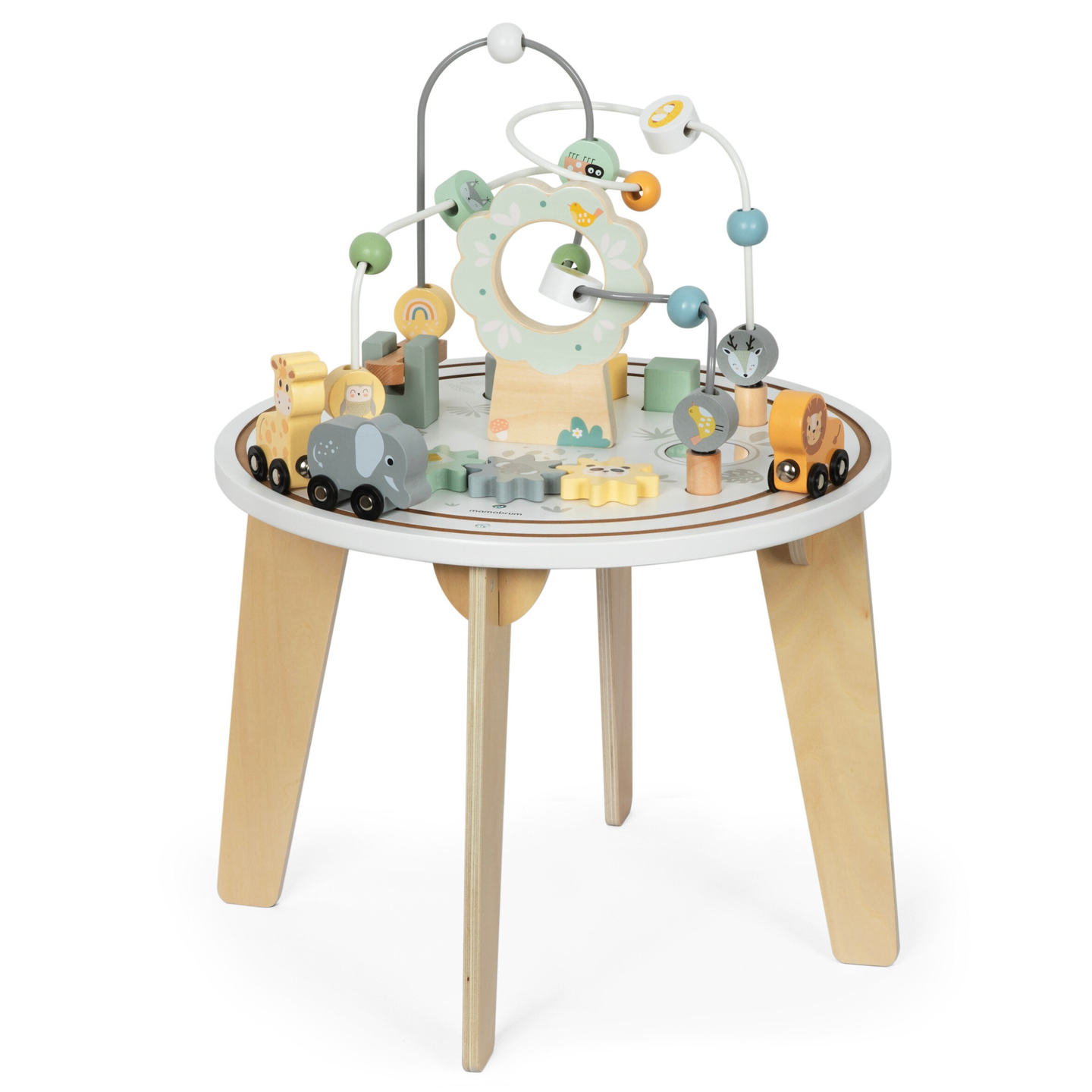 Table éducative ronde en bois avec un train magnétique et un lanceur de perles