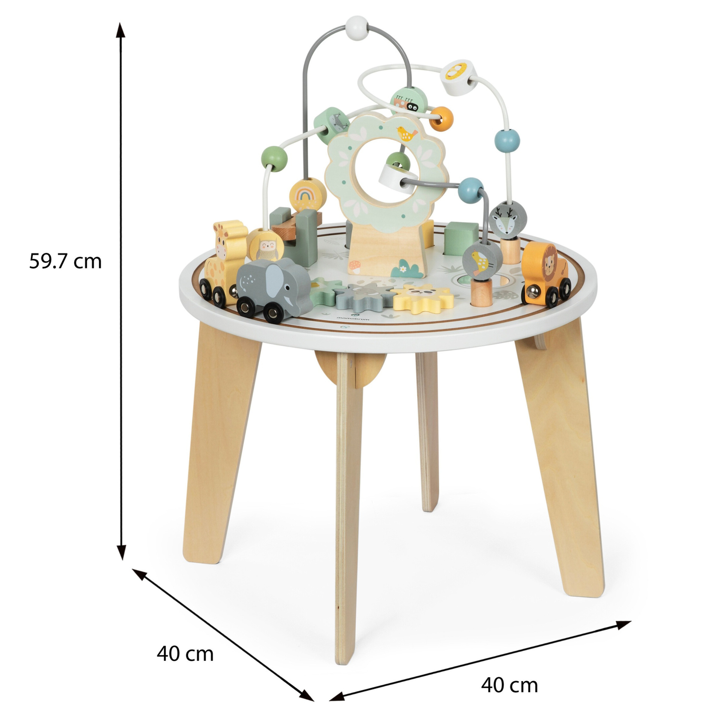 Table éducative ronde en bois avec un train magnétique et un lanceur de perles