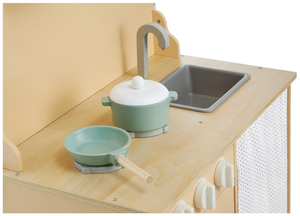 Cuisine en bois avec tablier, accessoires et éclairage LED