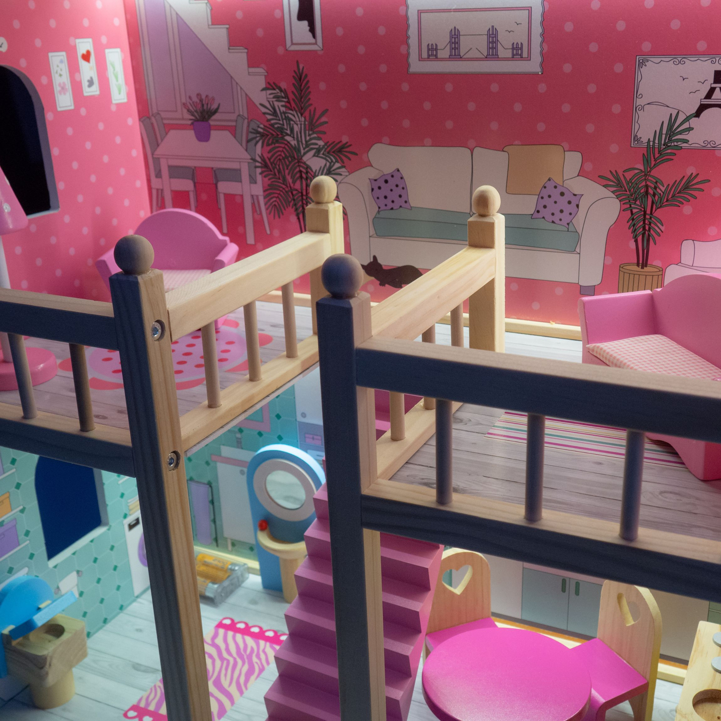 Grande maison de poupées en bois à 3 étages avec terrasse, ensemble de meubles et éclairage LED !