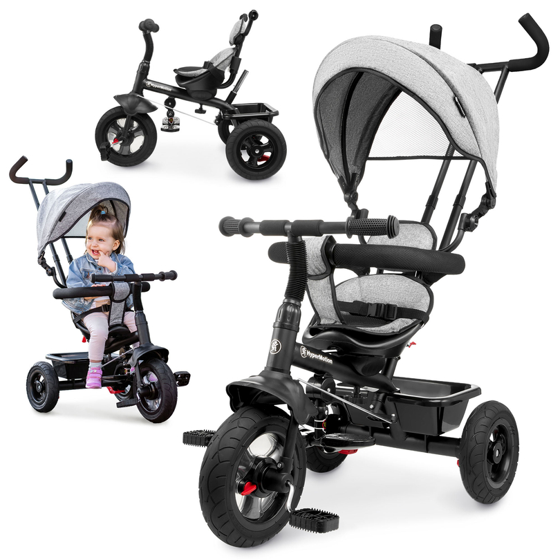 Tricycle pour enfants 1-4 ans - TOBI FREY - couleur gris - pivotant - roues gonflables + poussoir