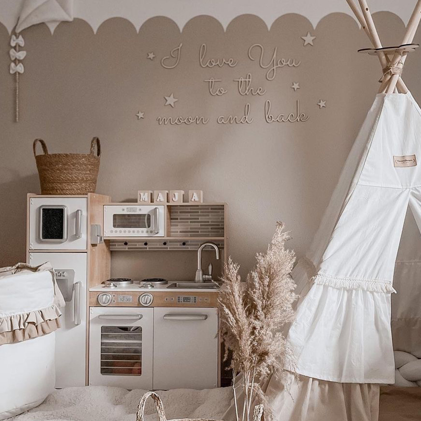 Cuisine en bois XXL avec éclairage LED, tablier et accessoires