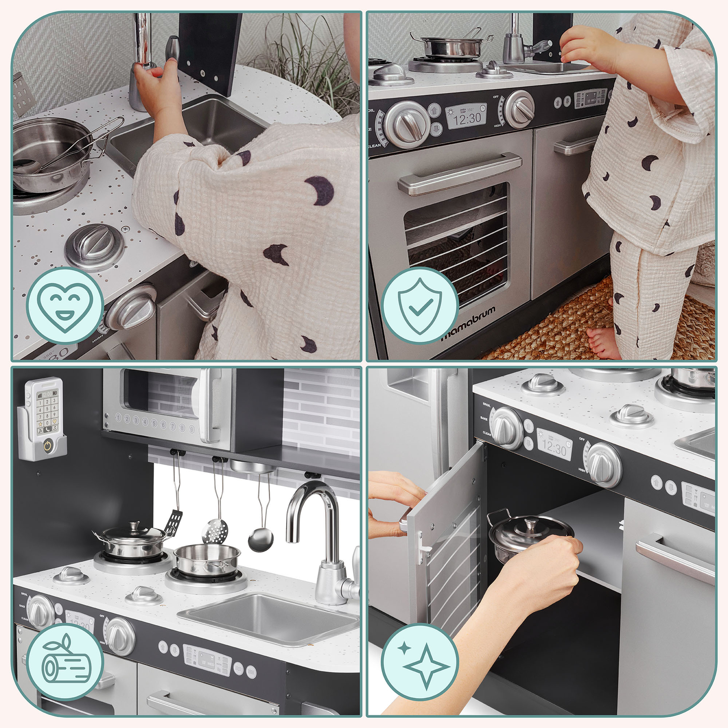 Cuisine en bois XXL avec éclairage LED, tablier et accessoires