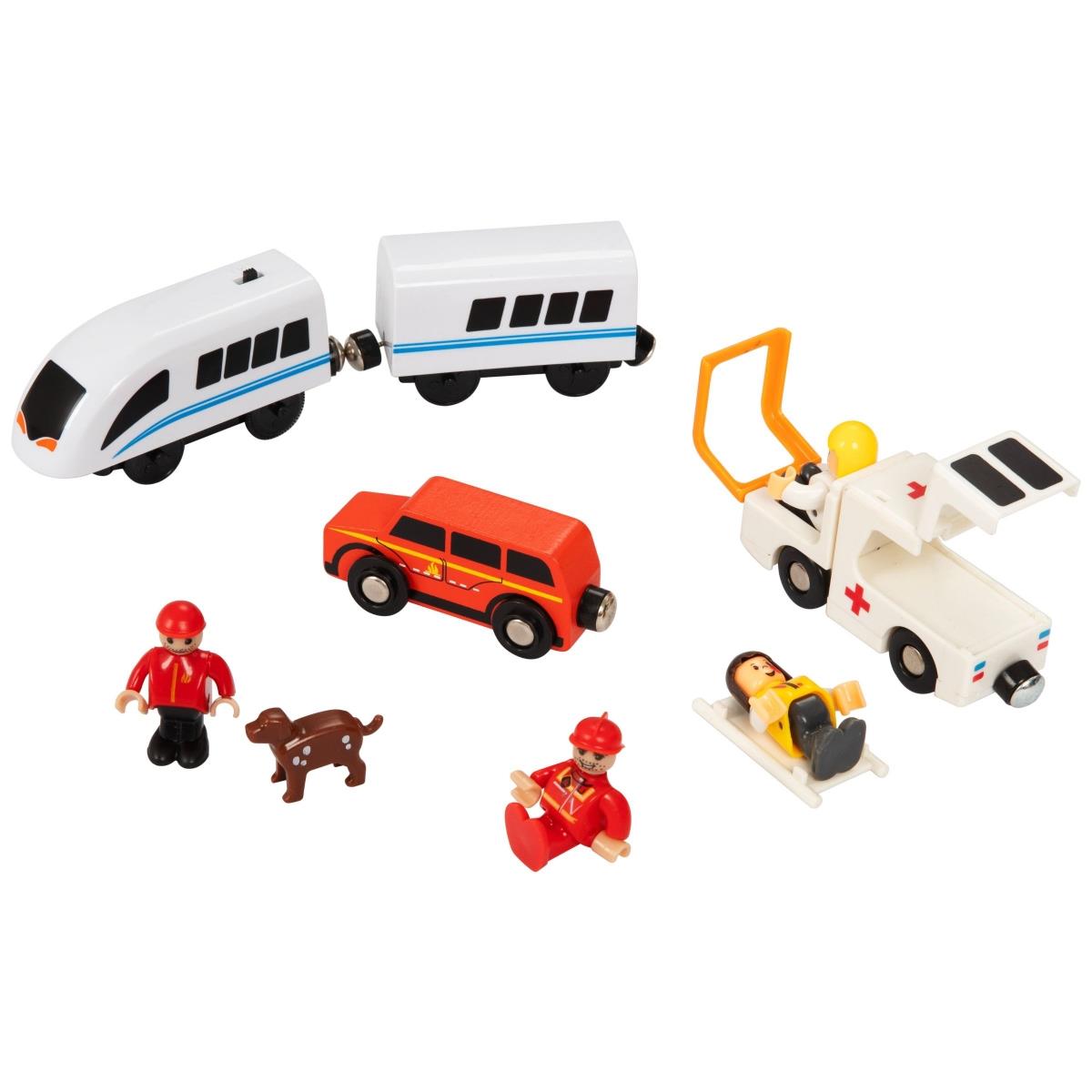 Chemin de fer en bois, train à batterie - Pompiers, voies, voitures, ponts, barrière