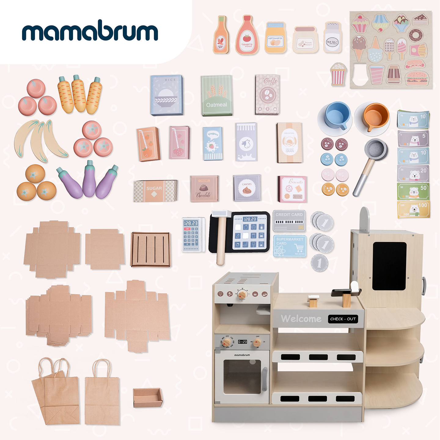 Grand magasin XXXL en bois pour enfants avec fast food - Corner shop + Machine à café + Four + Réfrigérateur - 106 ac.