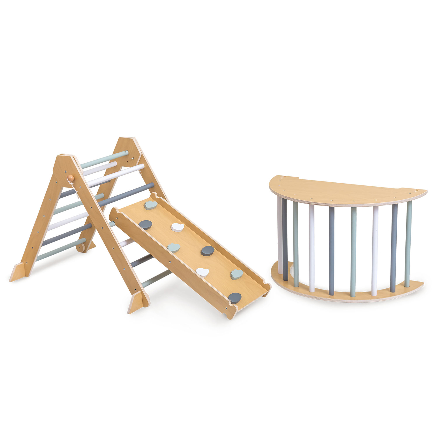Aire de jeux intérieure en bois pour enfants - mur d'escalade, toboggan, arche d'escalade/bascule et triangle de Pikler
