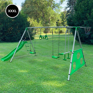 Aire de jeux de jardin XXXL pour enfants avec balançoires, toboggan, trapèze de gymnastique, panier de basket et but de football