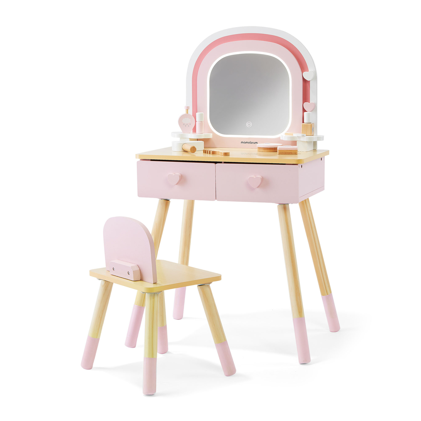 Coiffeuse en bois pour enfants avec éclairage LED à luminosité réglable, chaise et accessoires inclus.