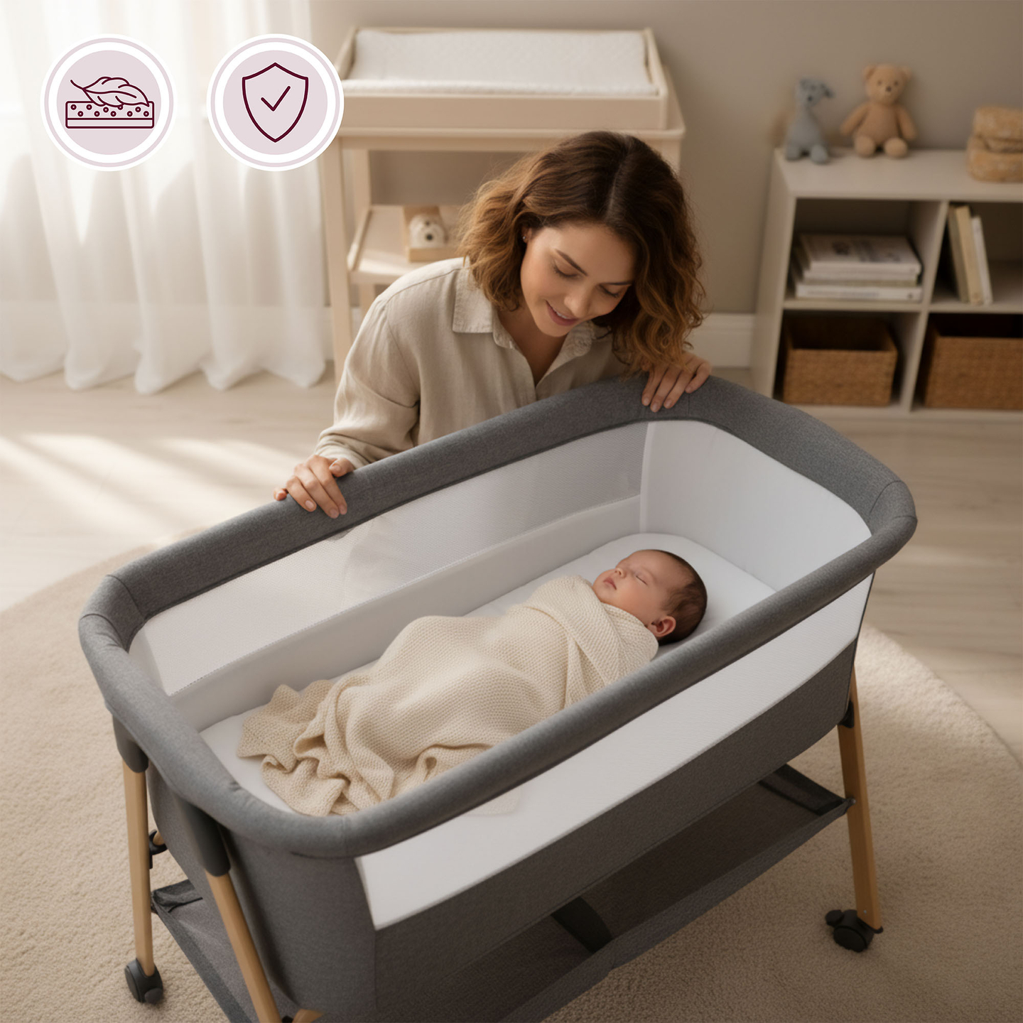 Lit bébé autoportant, lit de voyage, berceau avec matelas - gris