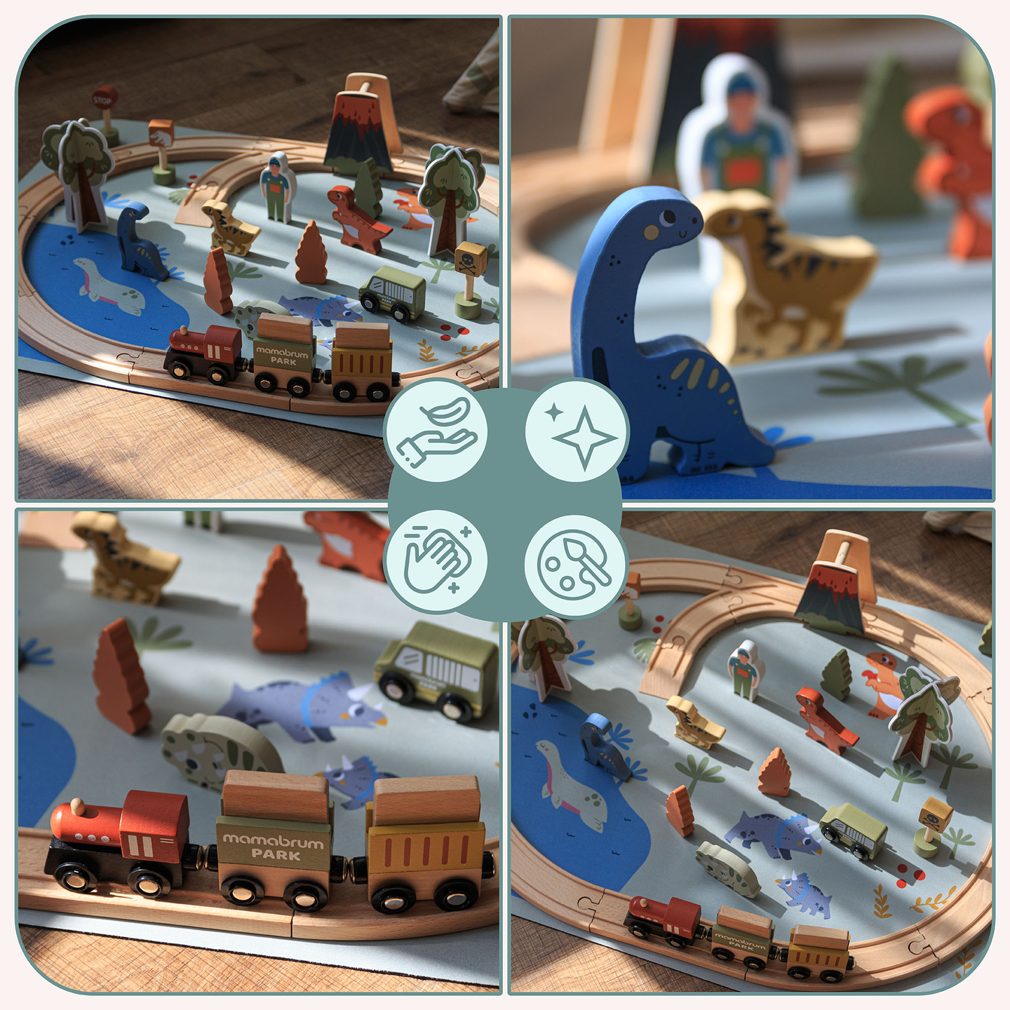 Train en bois Dino Park avec tapis antidérapant - dinosaures, train, rails, volcan, cloche