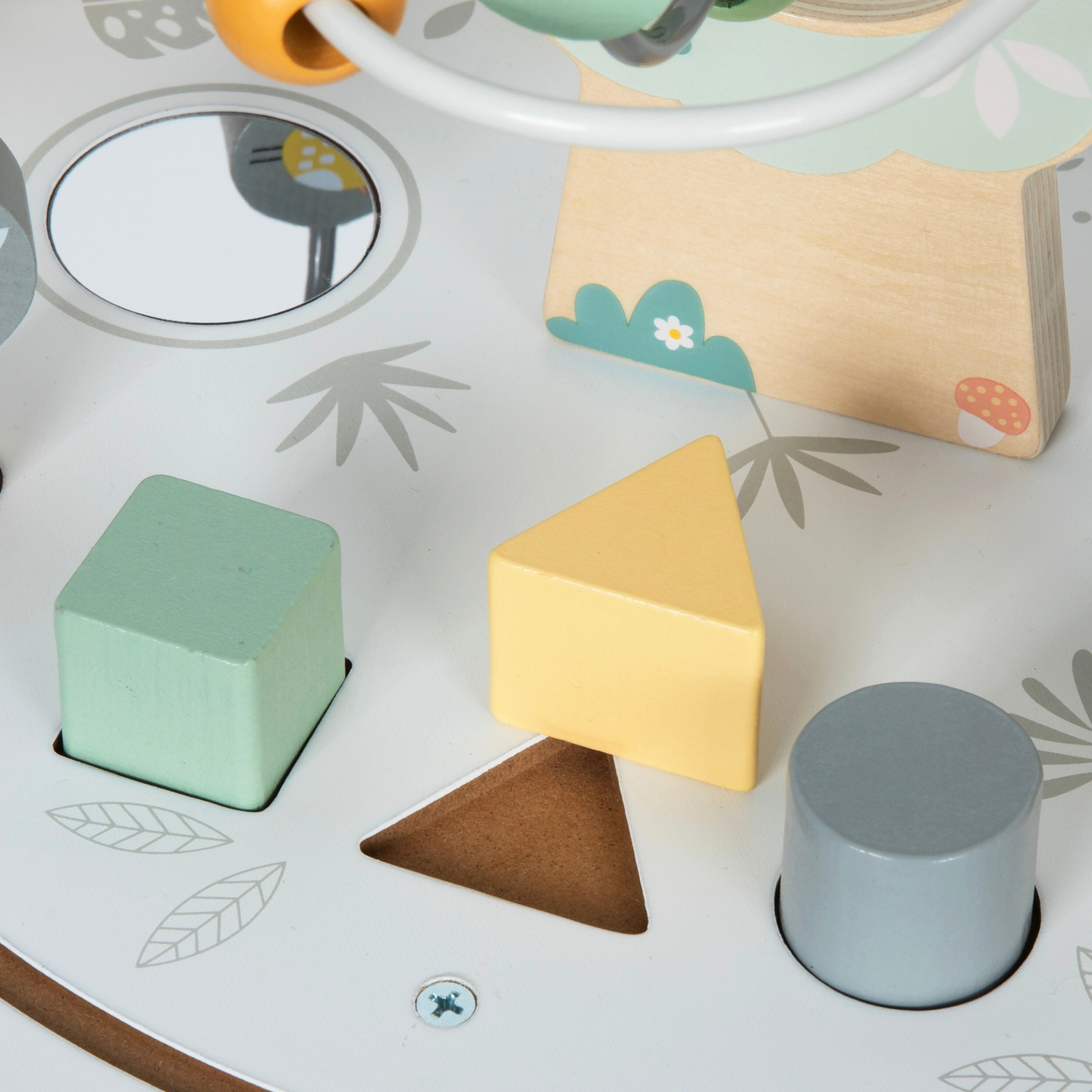 Table éducative ronde en bois avec un train magnétique et un lanceur de perles