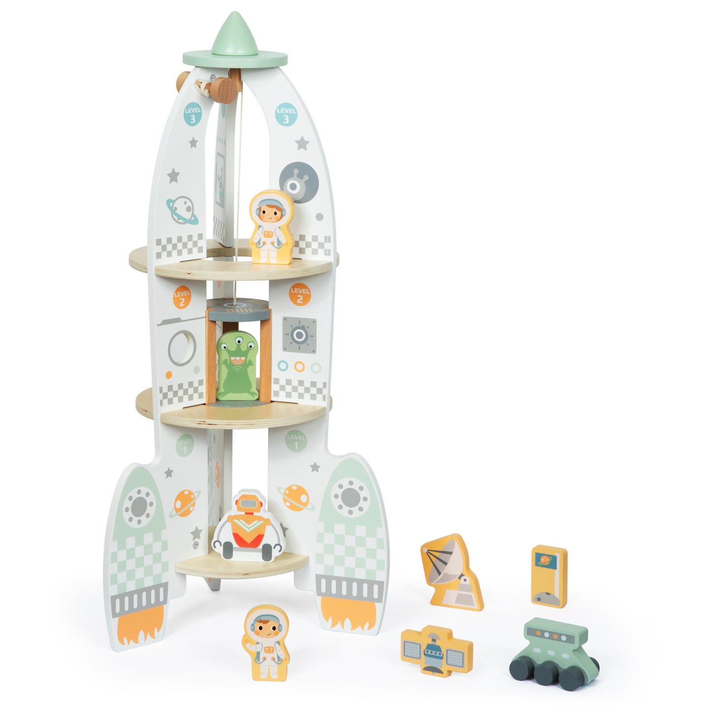 Grande fusée spatiale en bois avec ascenseur et accessoires - XXL