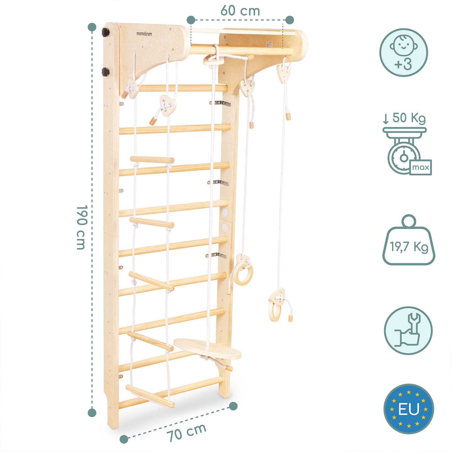 Échelle de gymnastique en bois pour enfants avec accessoires - une balançoire à assiettes, des anneaux de gymnastique et une échelle de corde