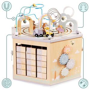 Grand cube éducatif en bois - un jouet Montessori avec un train magnétique et des boucles motrices