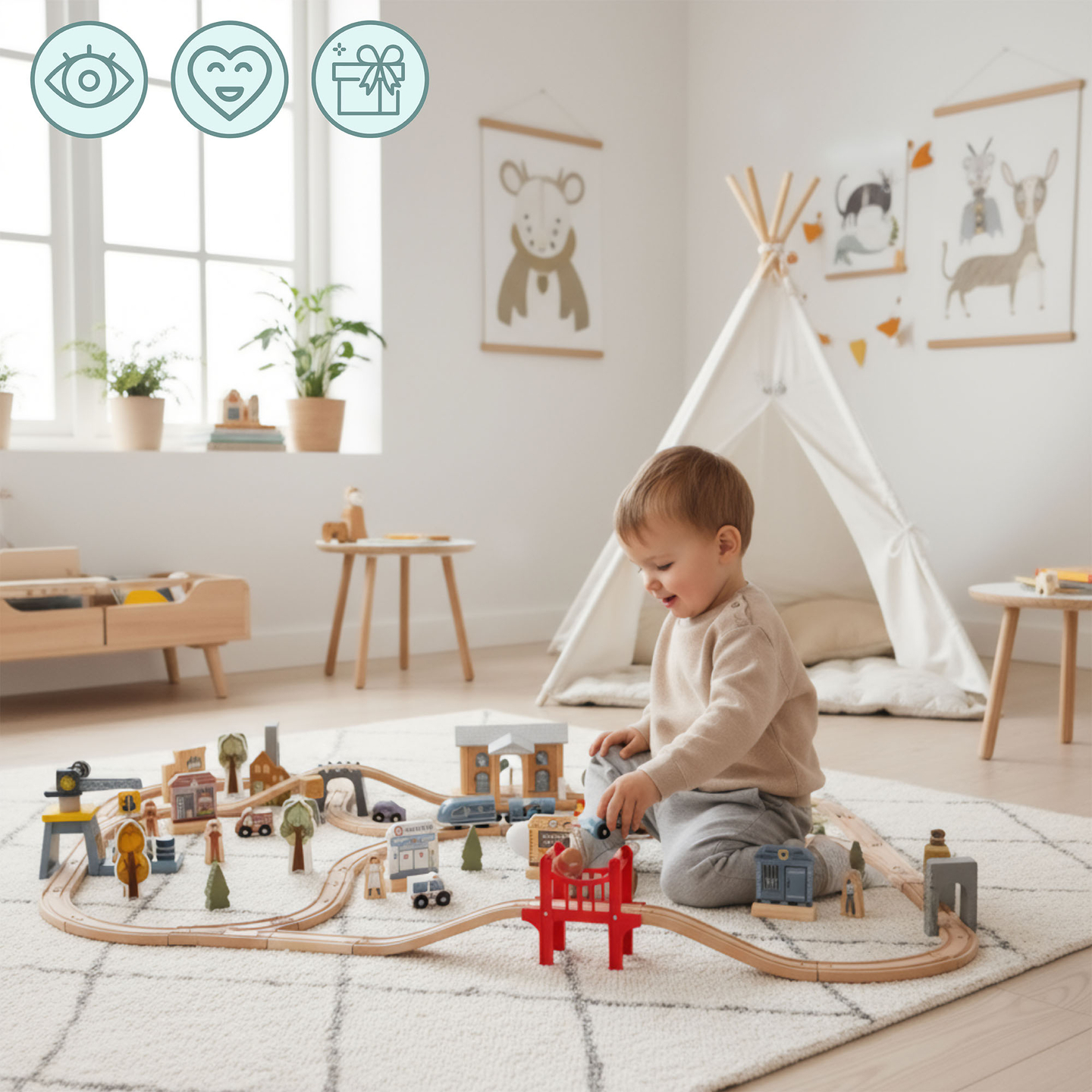 Chemin de fer urbain en bois avec train électrique - grue mobile, bateau, ponts