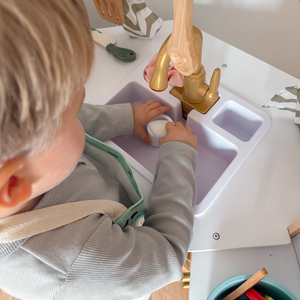 XXXXL grande cuisine interactive en bois avec éclairage LED, lave-linge, micro-ondes, machine à café et set de fruits et légumes - 50 éléments