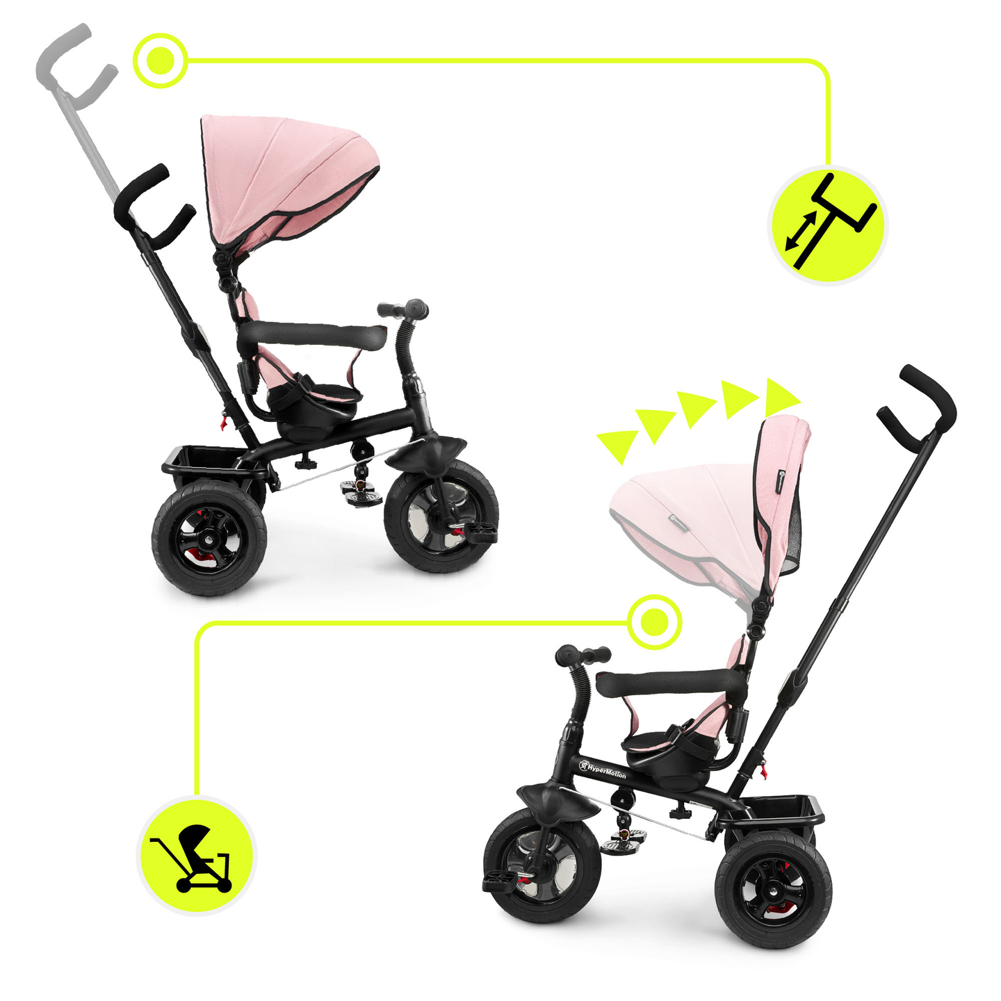 Tricycle pour enfants 1-4 ans - TOBI FREY - couleur rose - pivotant - roues pompées + pousseur