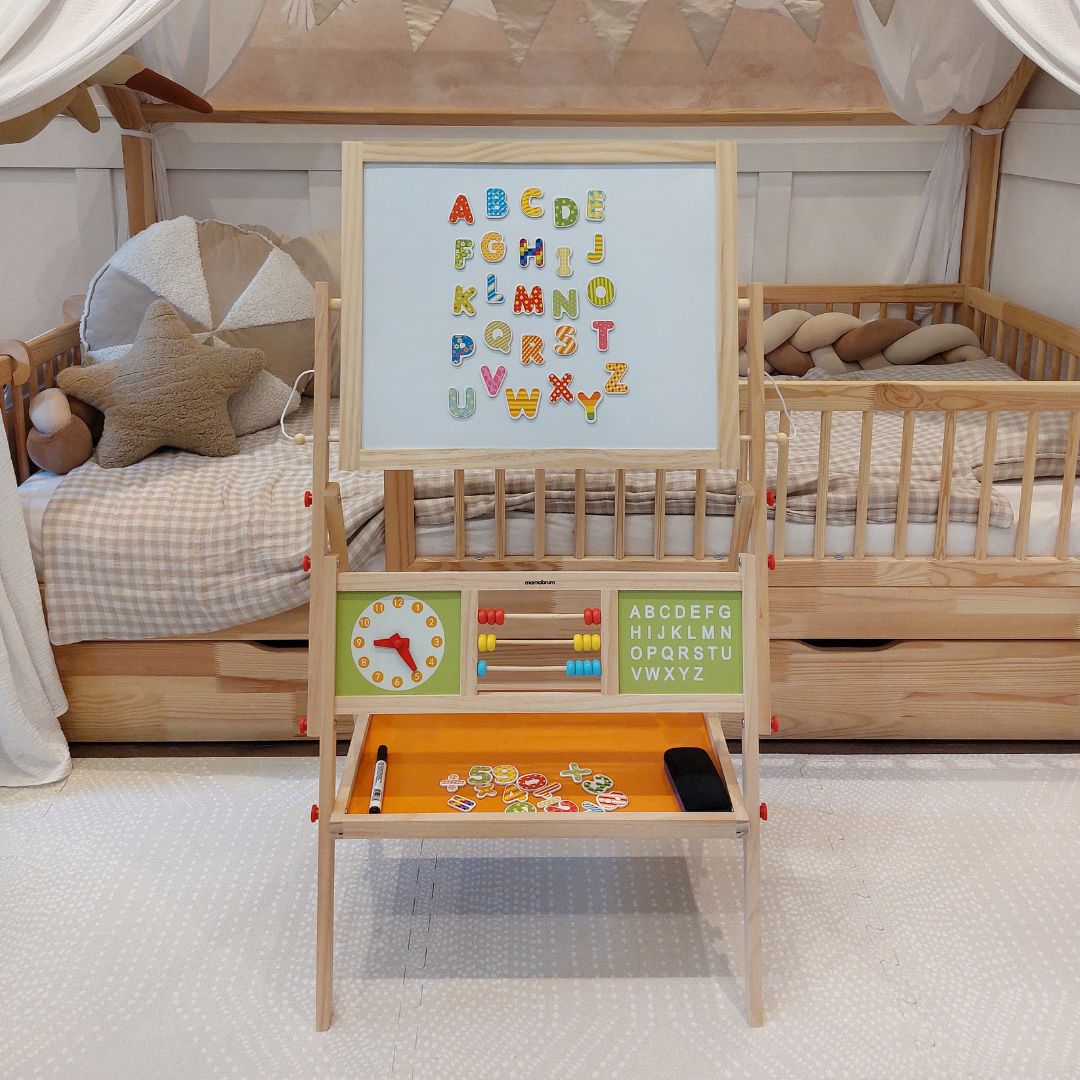 Grand tableau éducatif double face : magnétique et tableau noir - tableau effaçable à sec, en bois