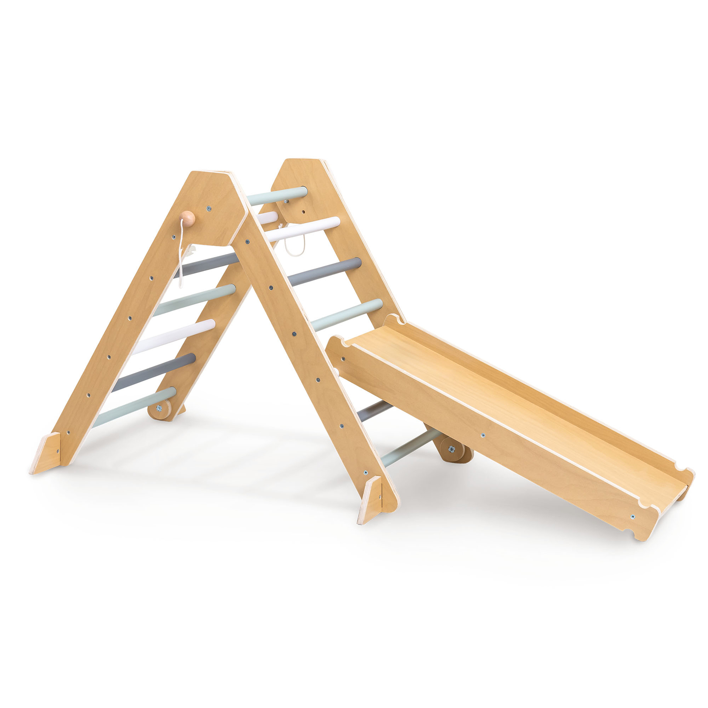 Aire de jeux intérieure en bois pour enfants - mur d'escalade, toboggan, arche d'escalade/bascule et triangle de Pikler