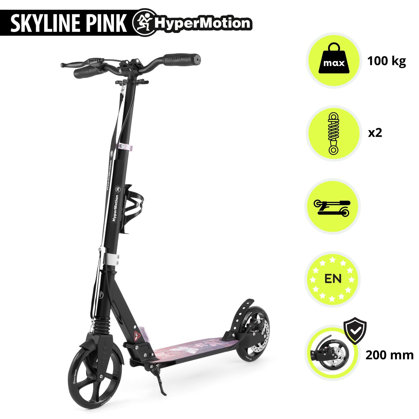 Scooter à deux roues pour jeunes adultes - avec amortisseur - HyperMotion Skyline - rose, aluminium - 100kg