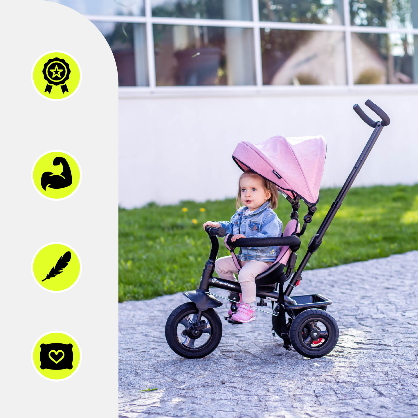 Tricycle pour enfants 1-4 ans - TOBI FREY - couleur rose - pivotant - roues pompées + pousseur