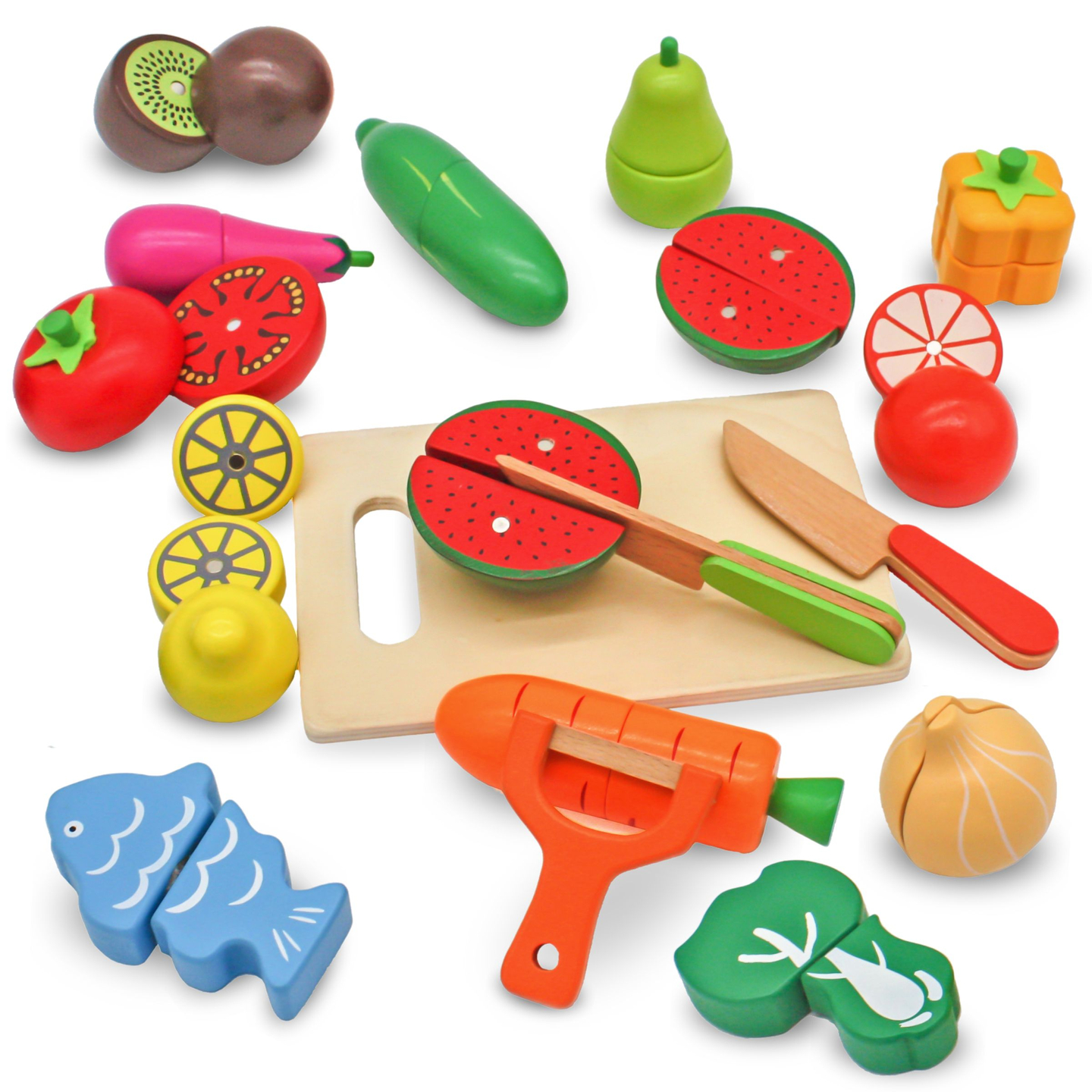 Fruits et légumes en bois à couper