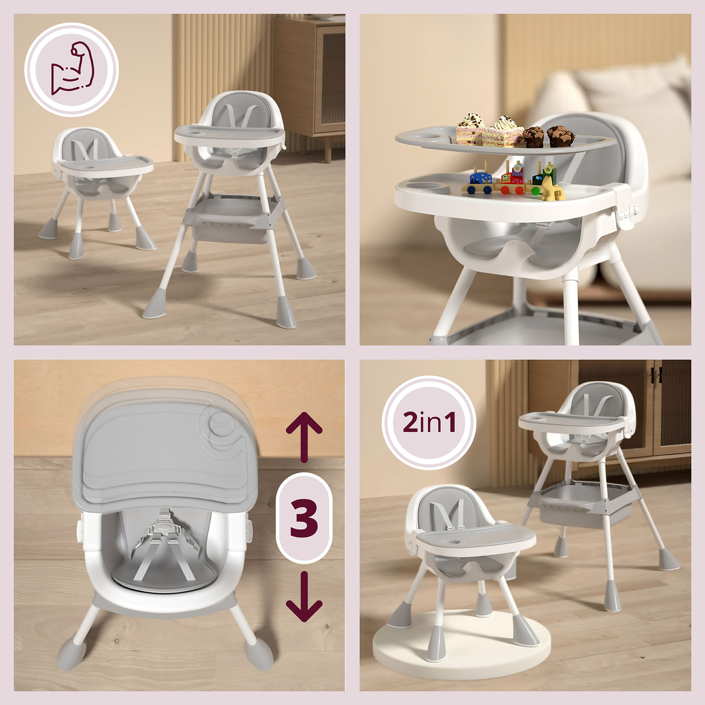 Moby-System Magnolia 2-en-1 chaise haute réglable - gris