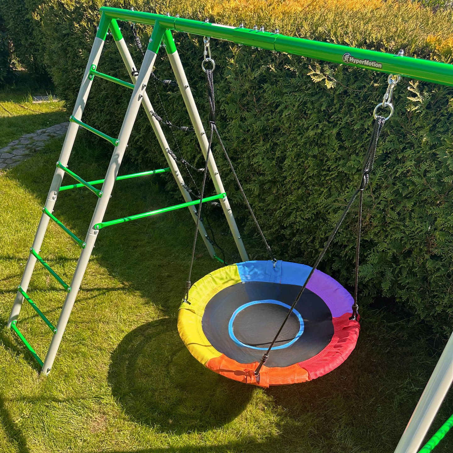 Aire de jeux de jardin XL pour enfants avec balançoire nid de cigogne, échelle et filet d'escalade