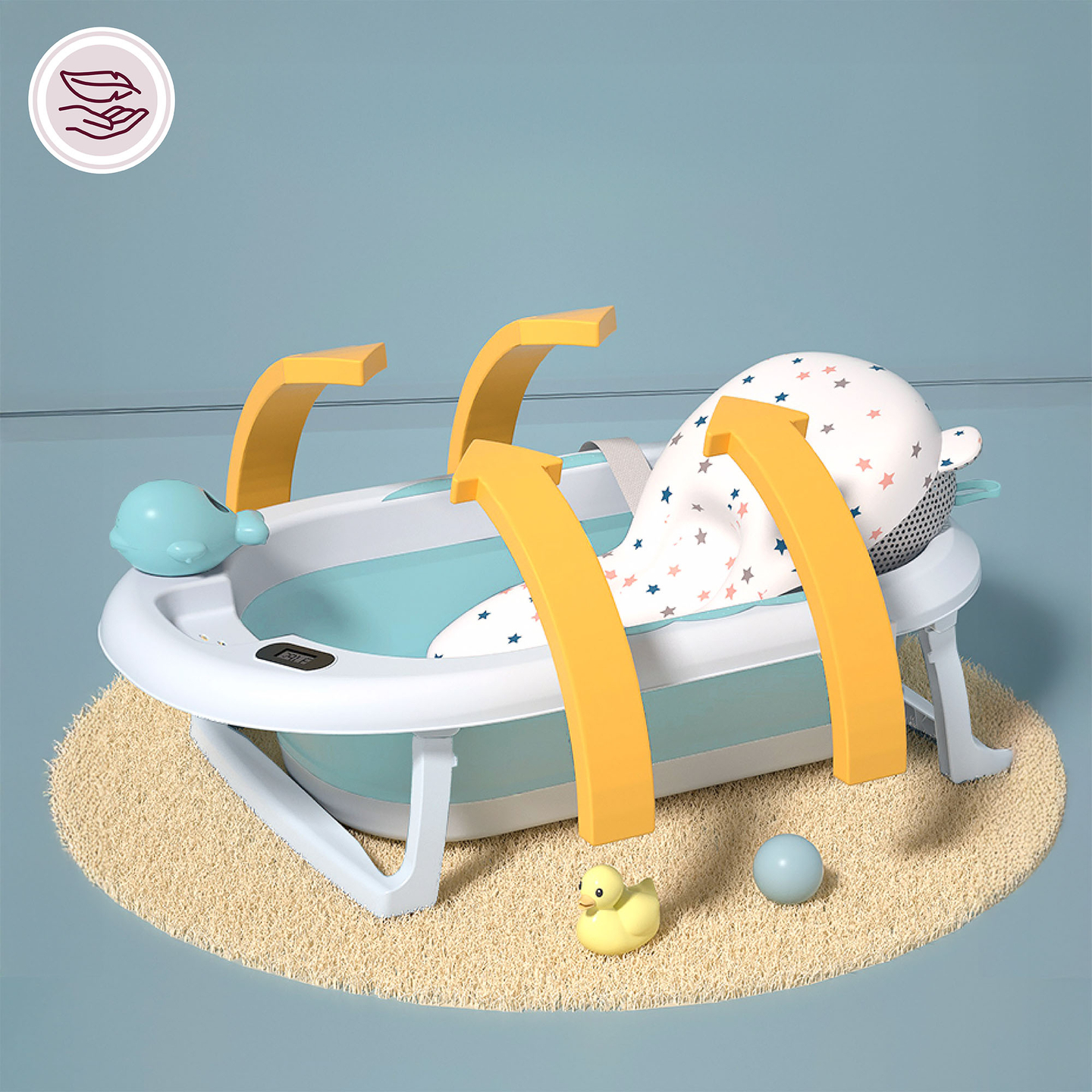Baignoire pliante pour bébé avec thermomètre, insert et support - couleur menthe