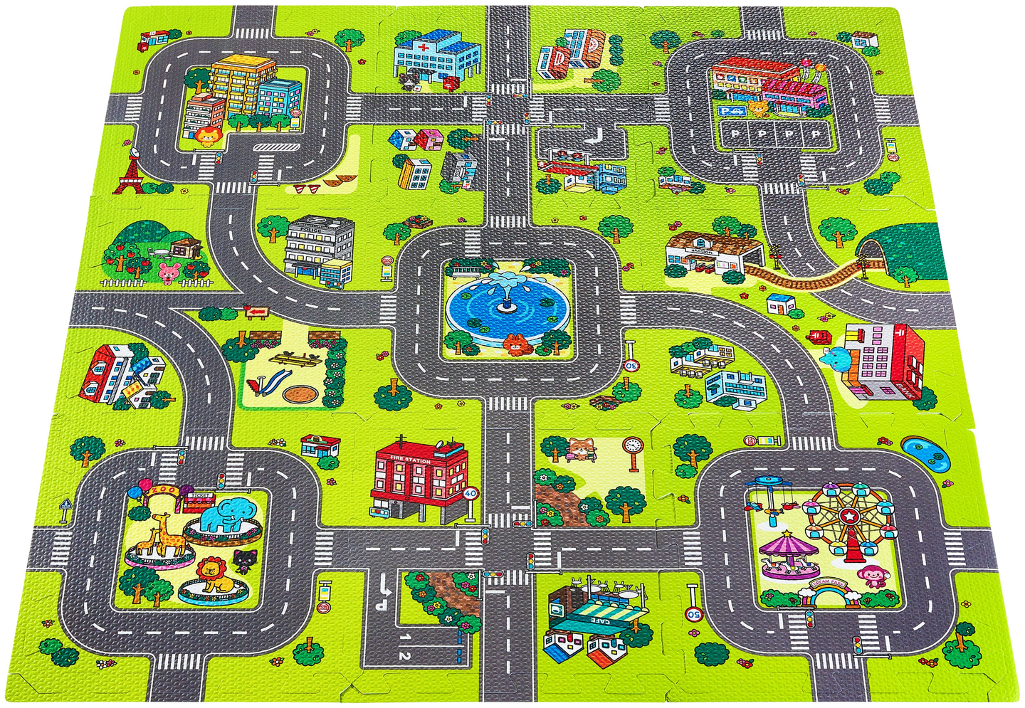 Tapis puzzle éducatif en mousse 90 x 90 x 1cm avec bordure - mousse EVA - motif : villes routes rues