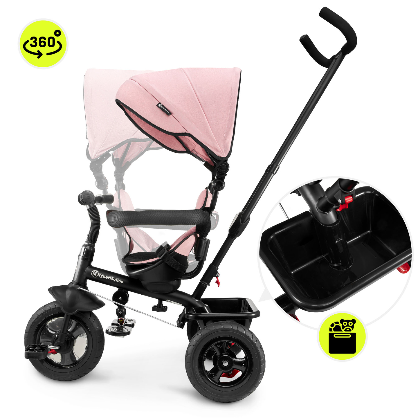 Tricycle pour enfants 1-4 ans - TOBI FREY - couleur rose - pivotant - roues pompées + pousseur