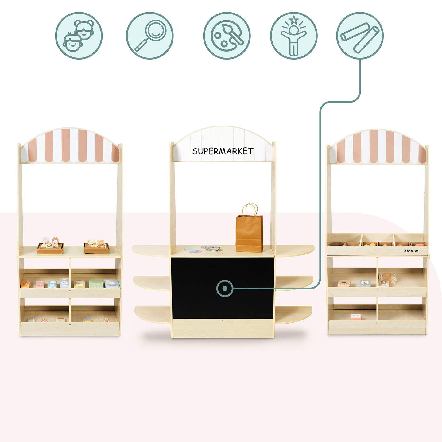 Grande boutique en bois pour enfants avec tableau noir - 91 pièces pour faire du shopping en toute simplicité !