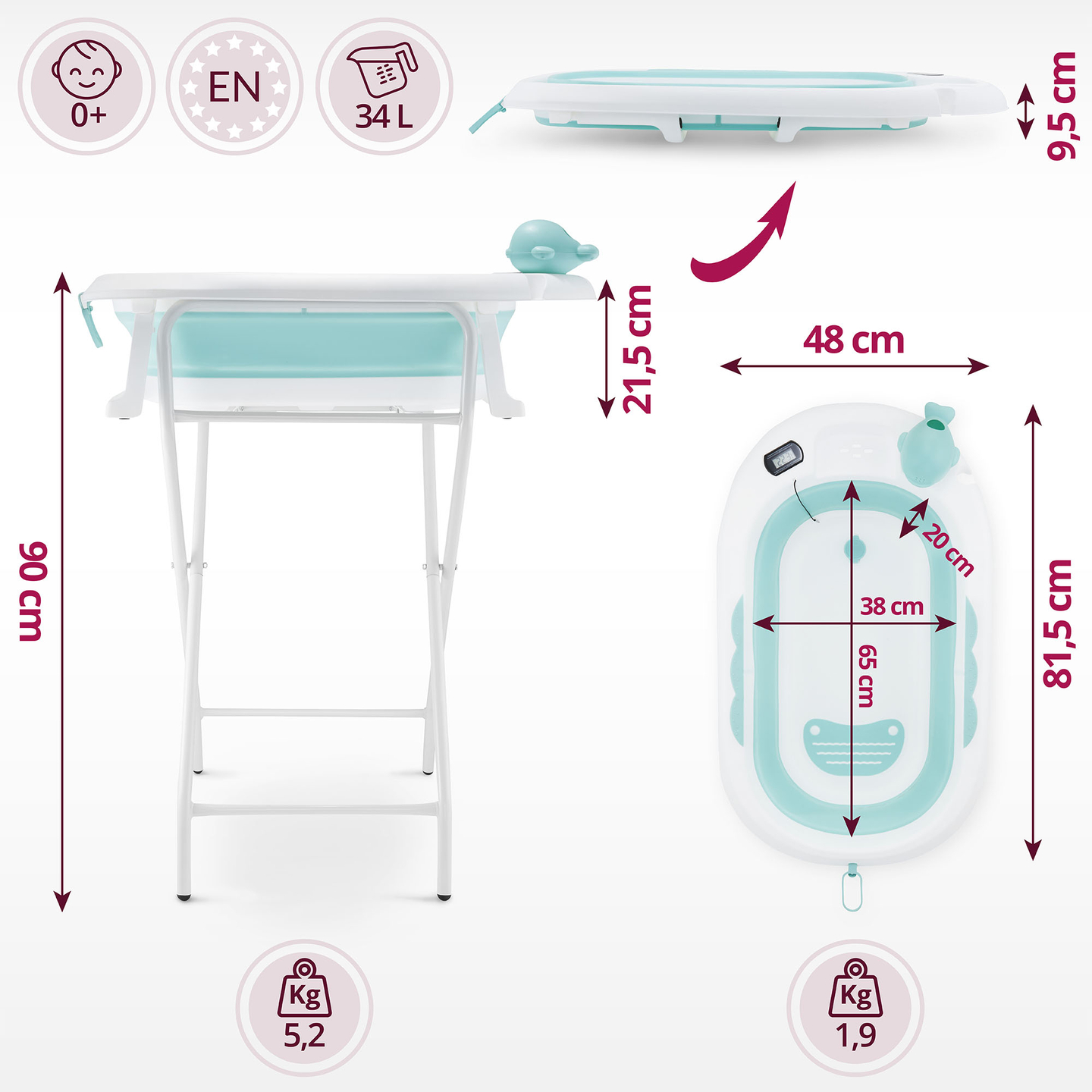 Baignoire pliante pour bébé avec thermomètre, insert et support - couleur menthe