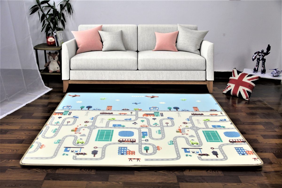 Tapis en mousse double face XXL - rouleau 2 CM (route et forêt avec ours en peluche)