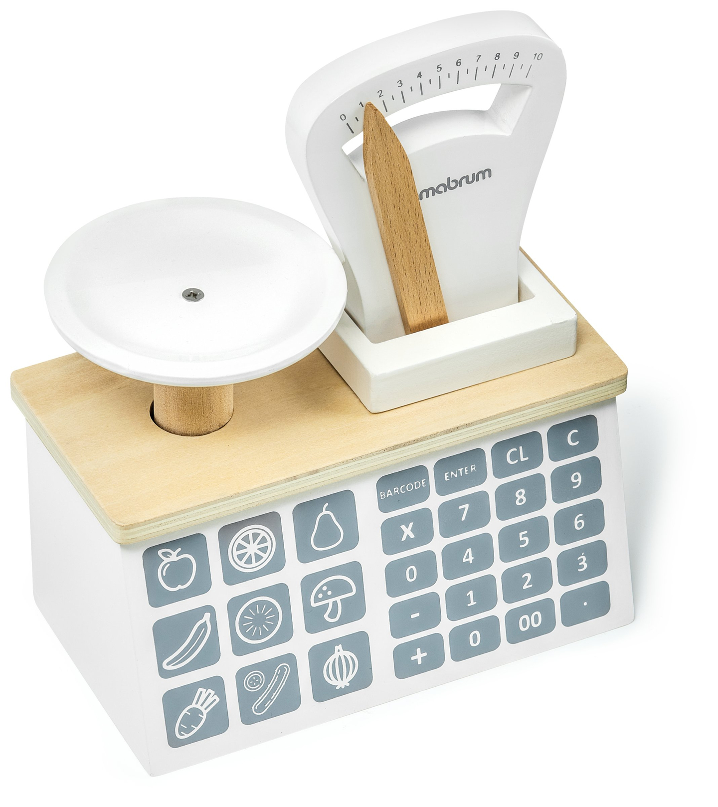 Mini market - magasin avec balances, terminal, carte de paiement et fruits