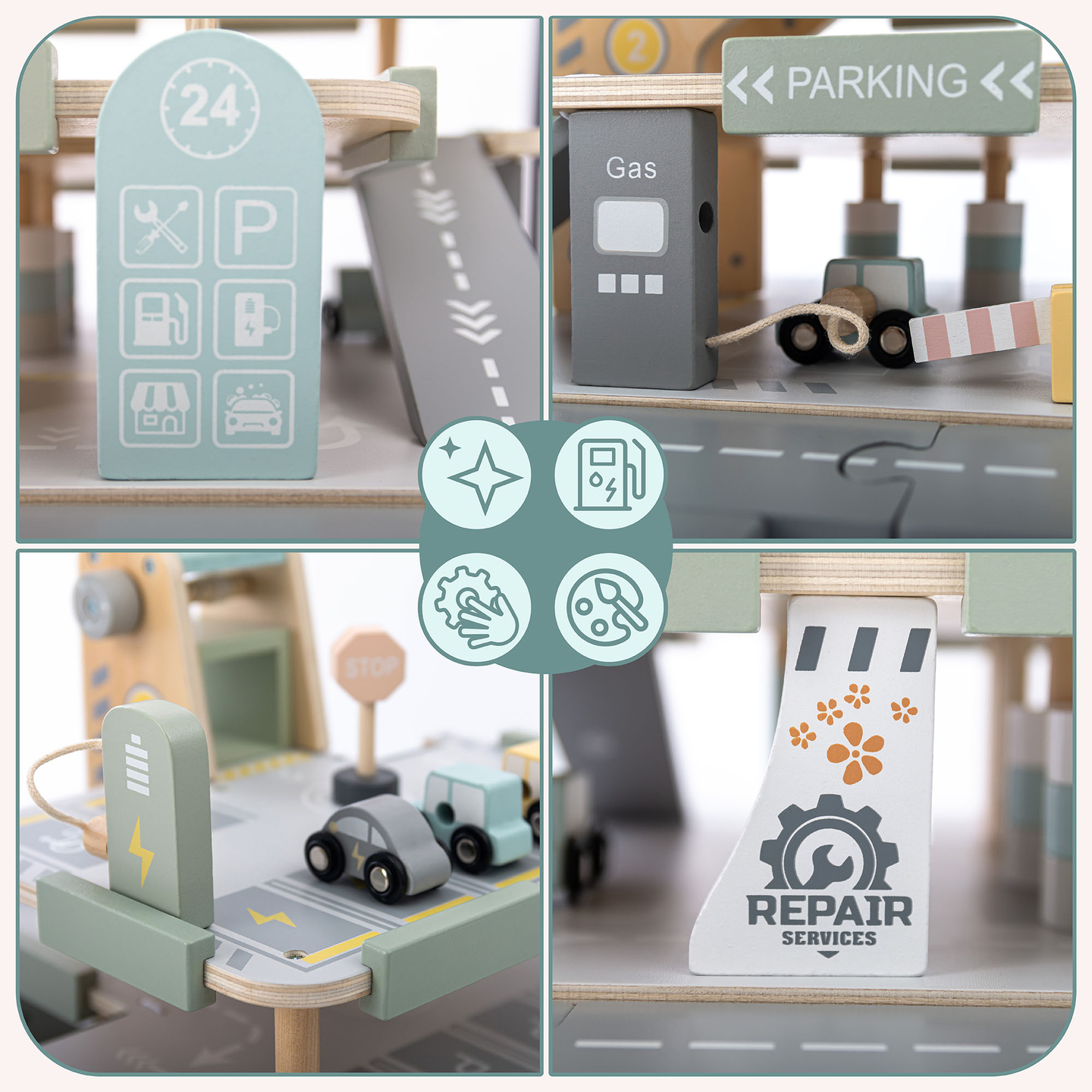 Garage en bois à trois étages pour enfants avec accessoires – parking, station-service, lave-auto, hélicoptère