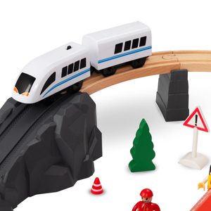 Chemin de fer en bois, train à batterie - Pompiers, voies, voitures, ponts, barrière