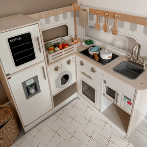 Cuisine d'angle interactive en bois XXXL avec réfrigérateur, micro-ondes, four, lave-linge et accessoires - naturel