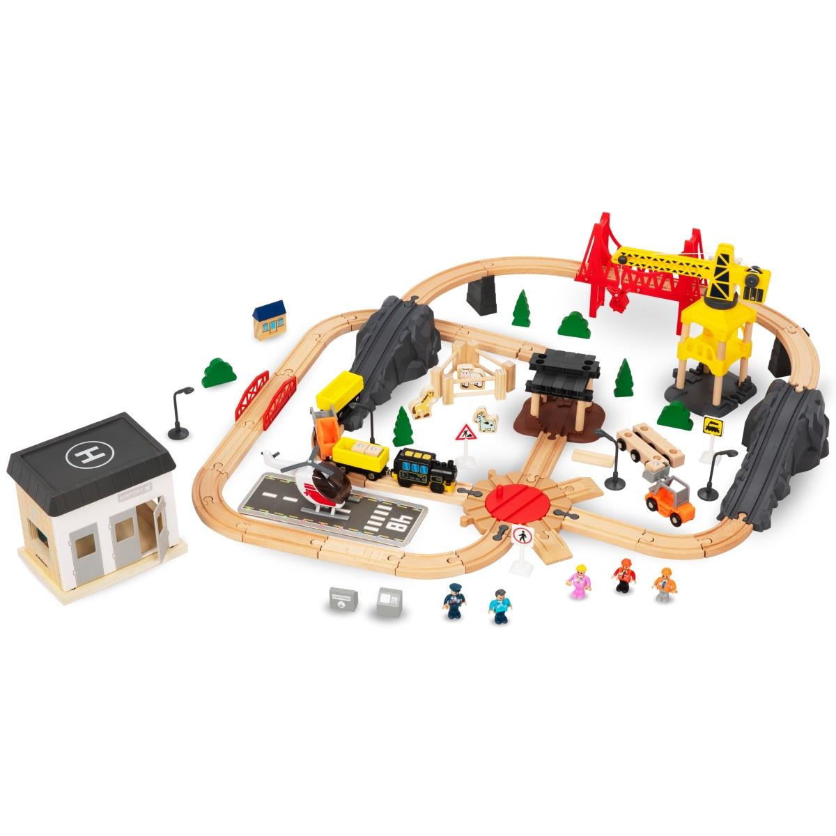 Chemin de fer en bois, train à batterie - Ville : voies, voitures, pont, aéroport