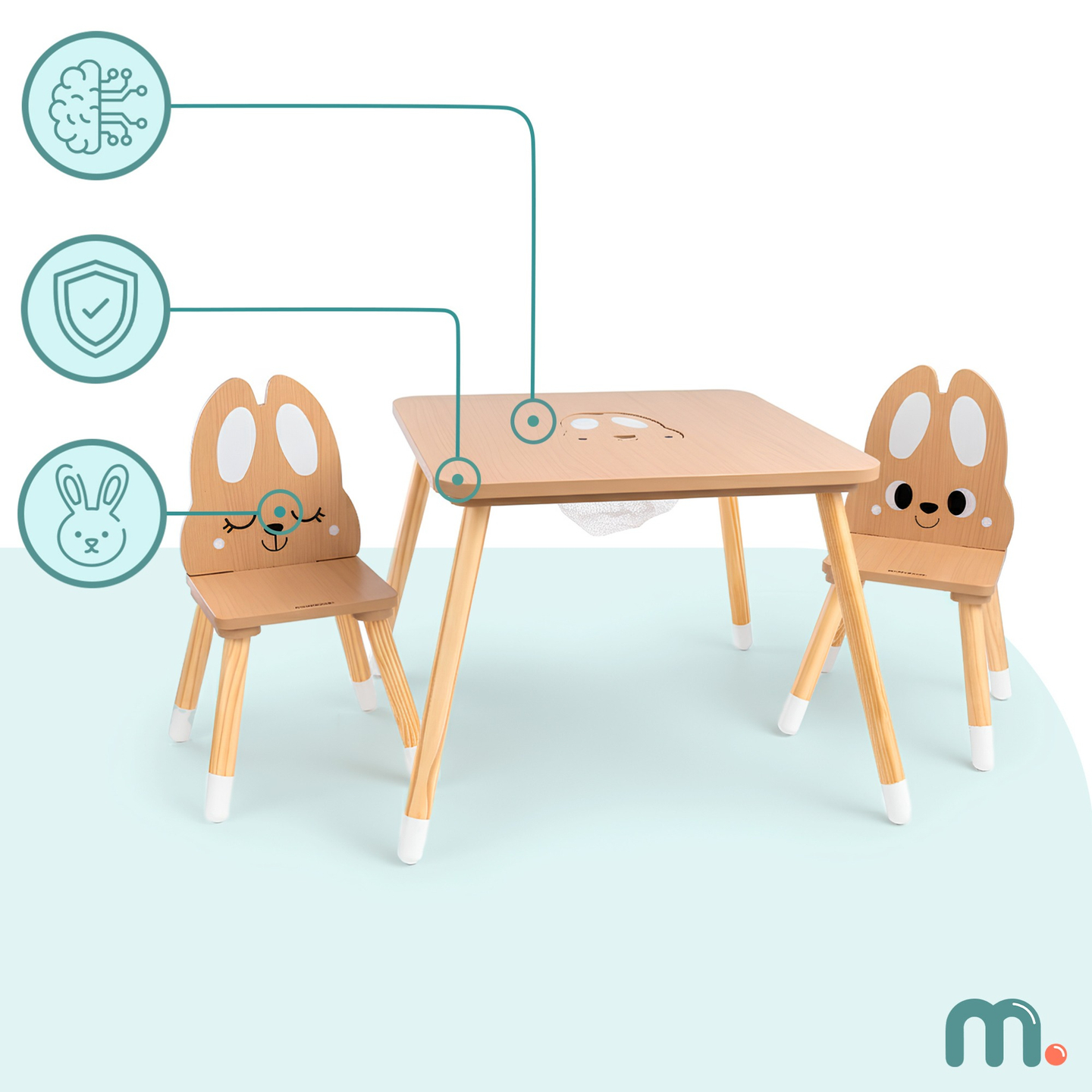 Table en bois avec rangement et 2 chaises Ensemble enfant - Lapin mignon
