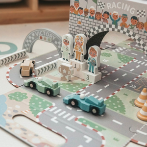 Valise magnétique avec piste de course, véhicules en bois et accessoires routiers